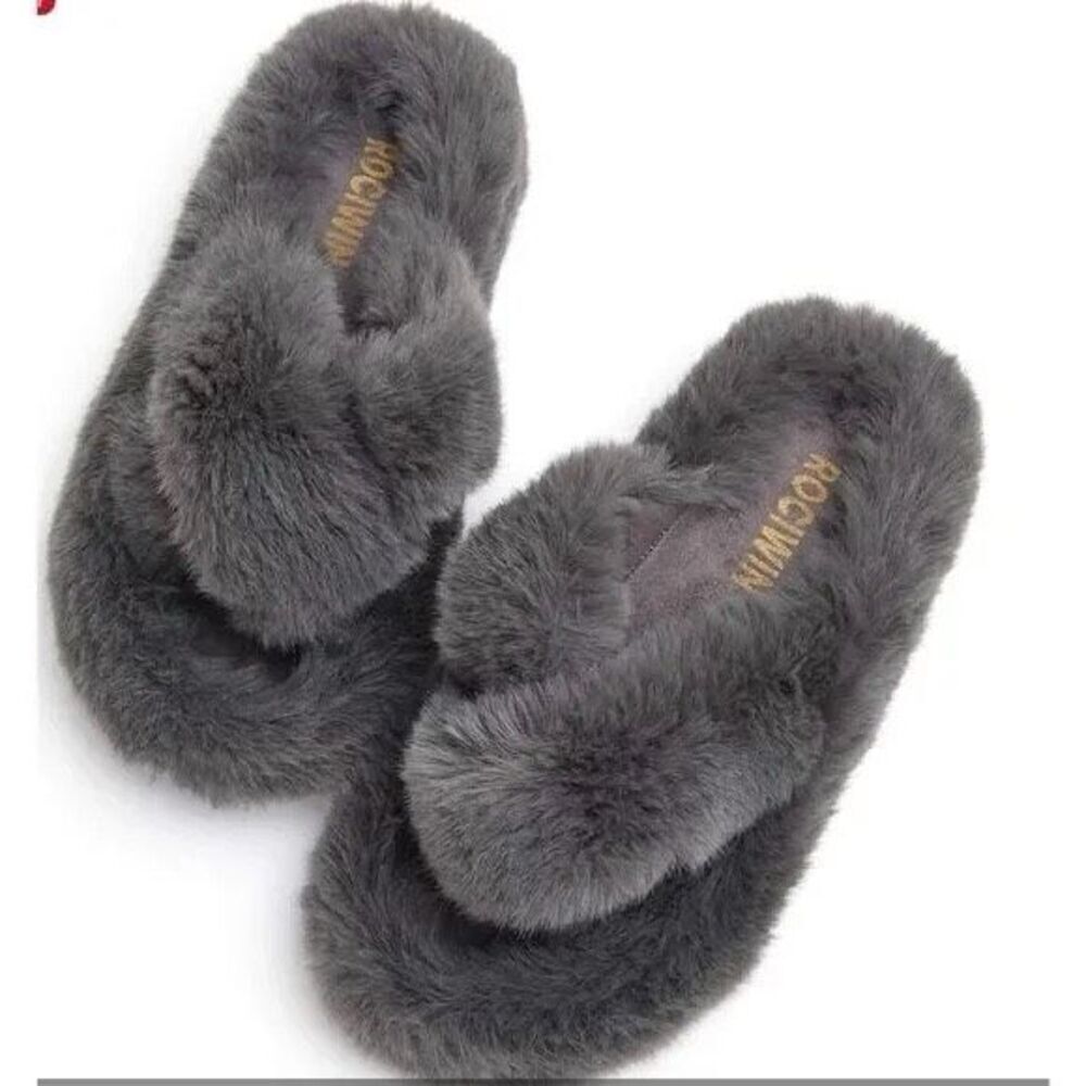 Women Cross Band Slippers Soft Plush Furry Cozy Open Toe Shoes Slip On, 11-12